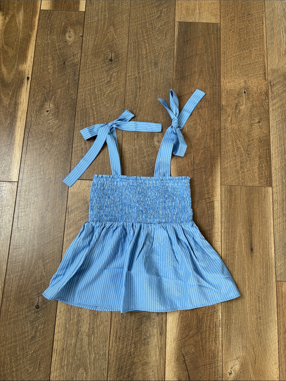 Zara Light Blue Smocked Tie-Shoulder Striped Top